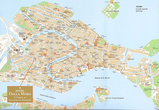 Gesamtplan von Venedig mit der Lage des Hotels Dalla Mora.