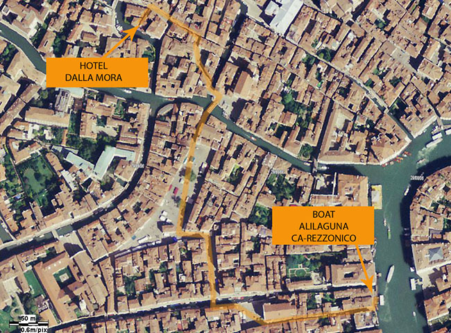 hotel dalla mora photographic map with the walking path from the alilaguna motorboat, ca rezzonico.