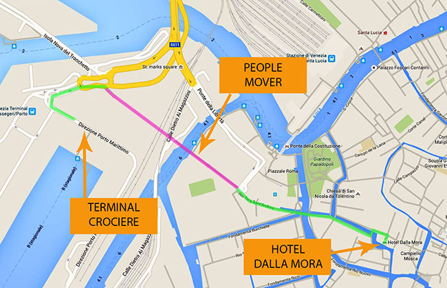 map with highlighted the itinerary from the cruise ship terminal to the hotel dalla mora. The route also includes the use of the People mover.