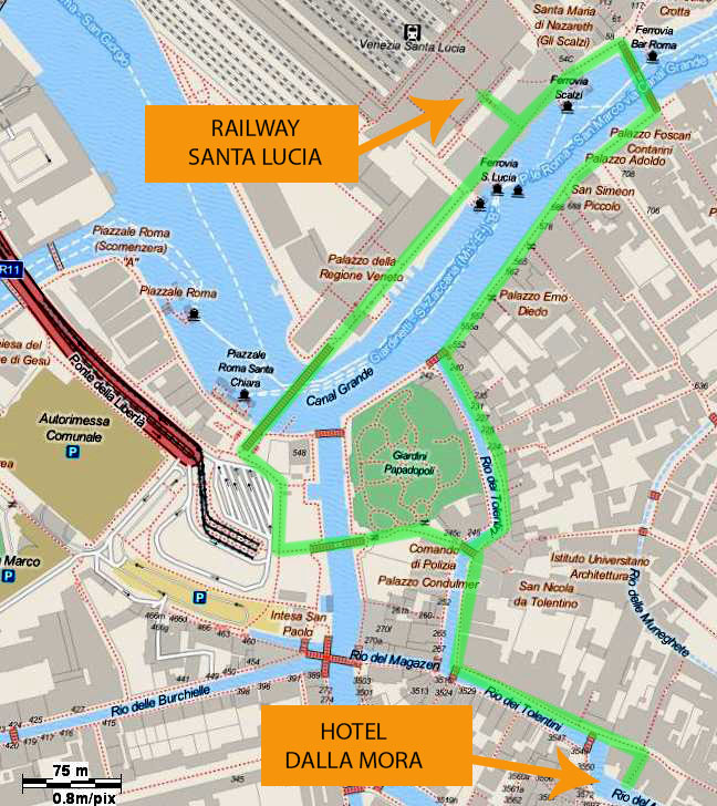 map showing the walking routes from the santa lucia train station to the hotel Dalla Mora.