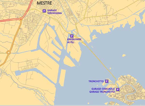 Hotel Dalla Mora, the full map of the parks and Garages, in Venice and Mestre.
