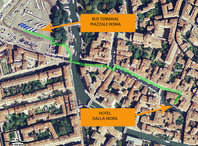 hotel dalla mora photographic map with the walking path from piazzale roma.